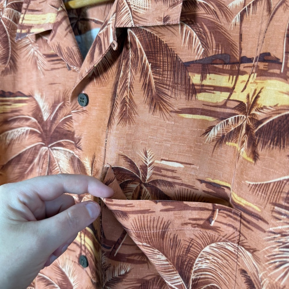 VTG Tommy Bahama Mens XL Silk Palm Tree Sunset Camp Shirt Orange Short Sleeve - Picture 5 of 10
